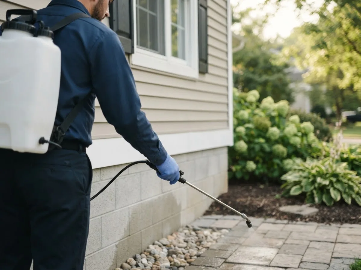 Pest control technician inspecting a home in Fairmont, NE